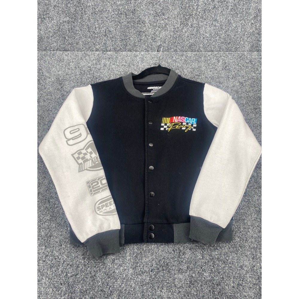 NASCAR Racing Varsity Jacket Boys Medium 10/12 Black White Snap Front Fleece